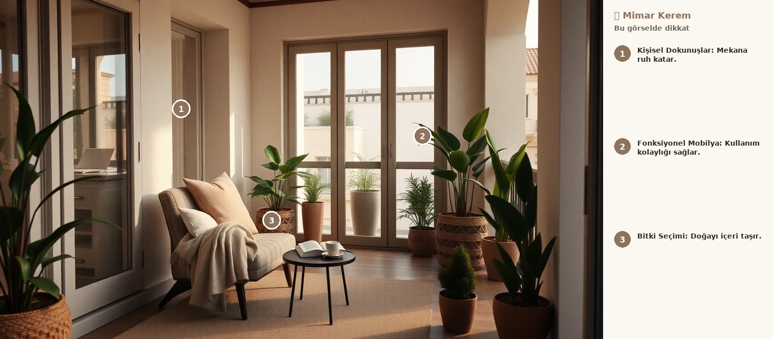 Balkon yaşam alanı, dış mekan oda tasarımı, kişisel sığınak balkon, konforlu balkon köşesi.