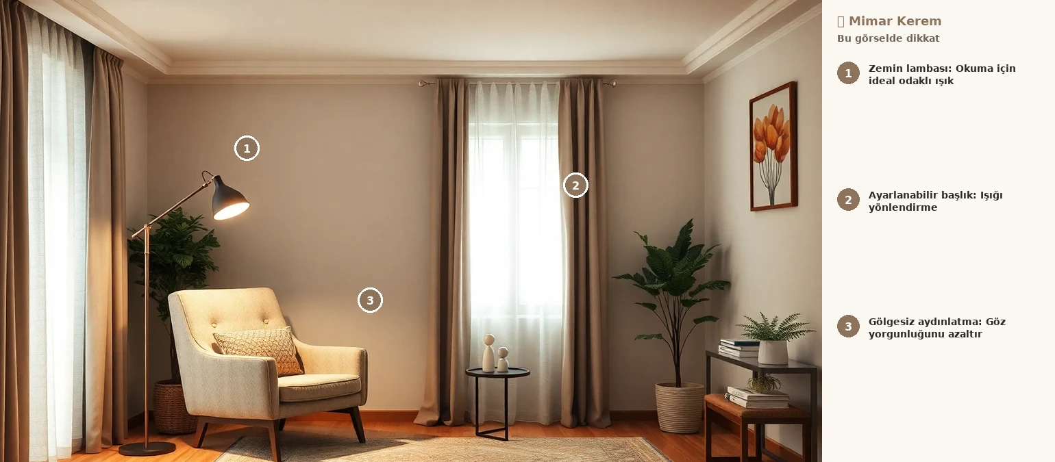 Salon köşesinde okuma için kullanılan modern bir zemin lambası ile sağlanmış odaklanmış görev aydınlatması.