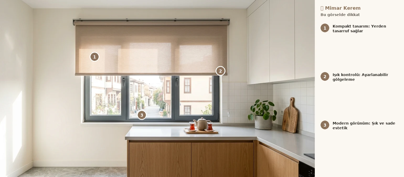 Modern Türk mutfağında, pencerede şık ve minimalist bir stor perde. Temiz çizgiler ve doğal ışıkla uyum.