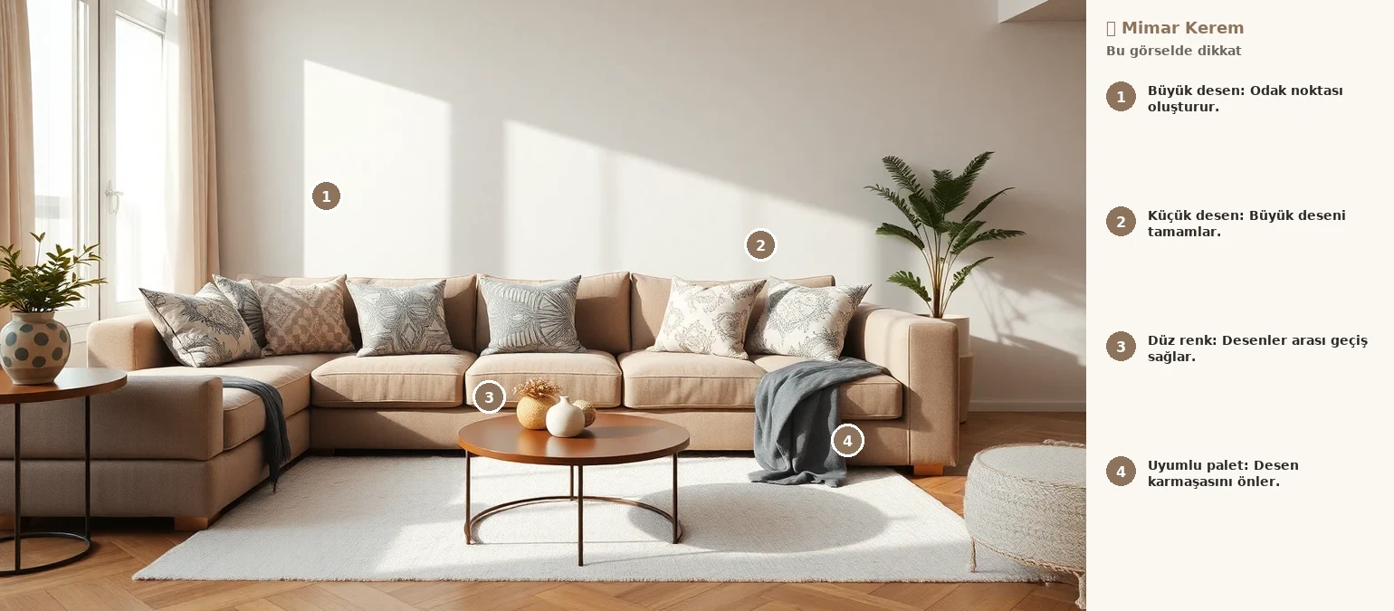 Salon için geometrik, soyut ve çiçek desenli kırlentlerin dengeli kombinasyonu.