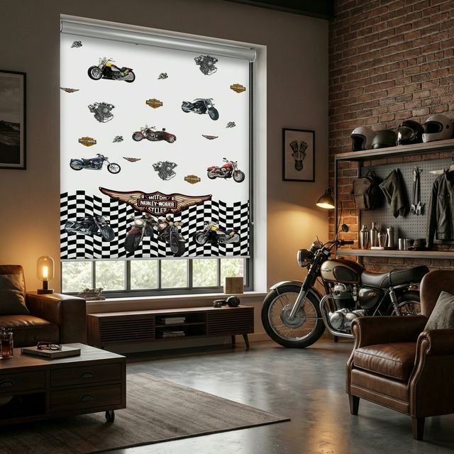 Garaj Motosiklet Desenli Stor Perde